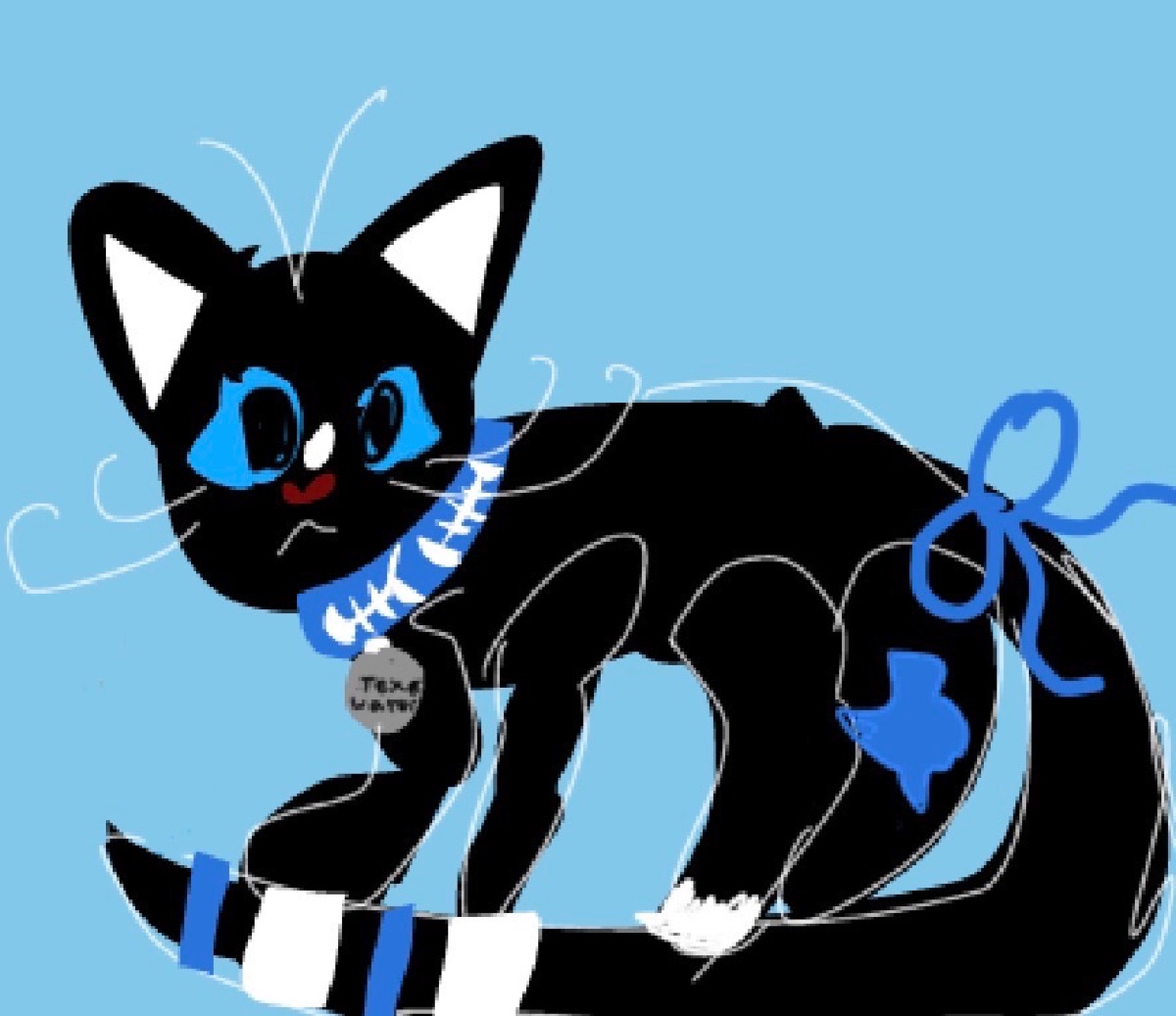 The original drawing: a black cat with a blue Texas on its hip and a fish-skeleton collar