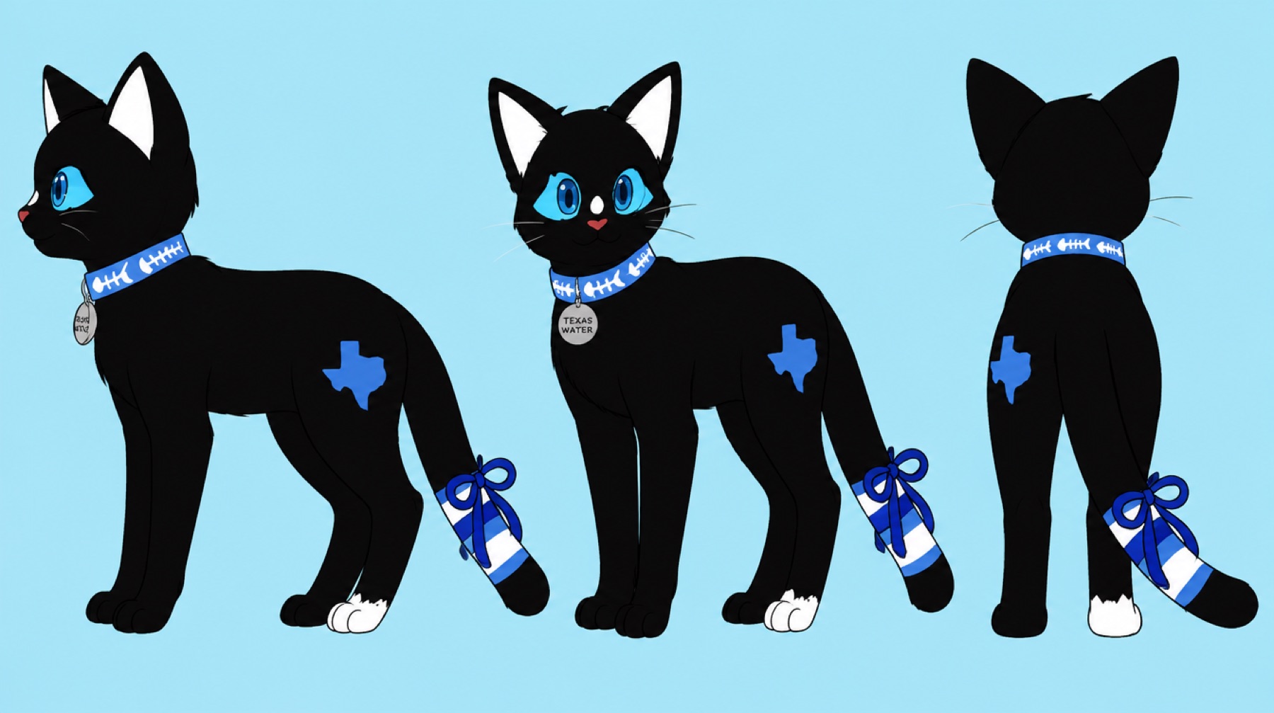 Three views of the cat: side profile, three-quarter front, and back